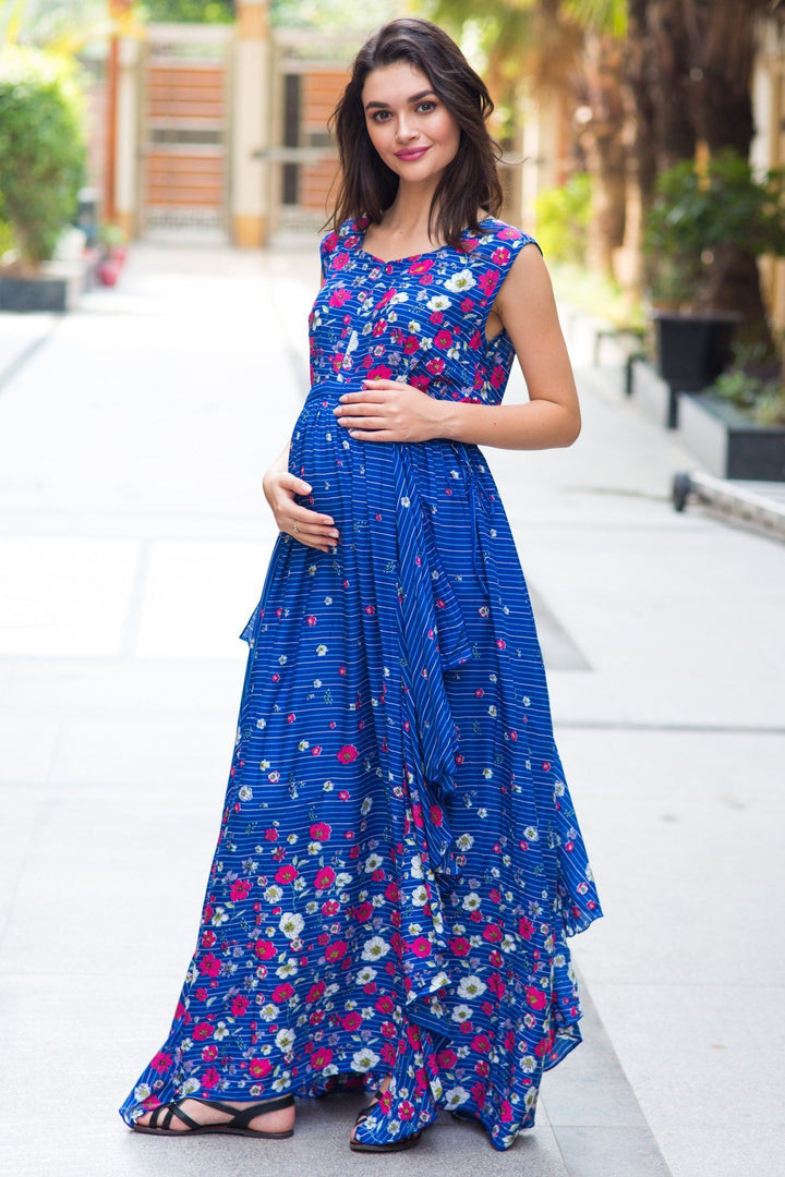 Celeste Blue Floral Luxe Maternity & Nursing Dress - MOMZJOY.COM