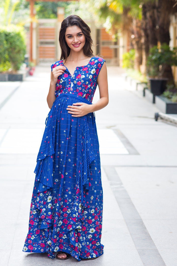 Celeste Blue Floral Luxe Maternity & Nursing Dress - MOMZJOY.COM