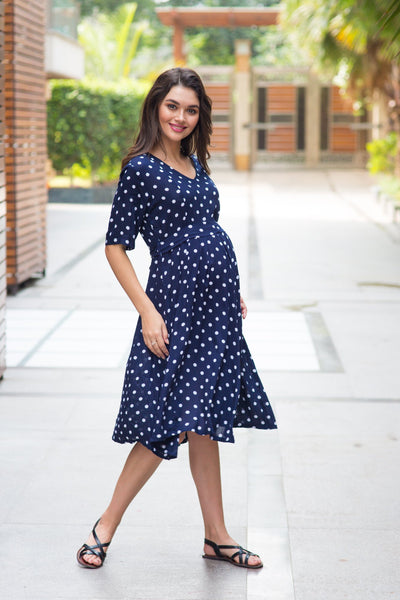 Yale Blue Polka Maternity & Nursing Dress MOMZJOY.COM
