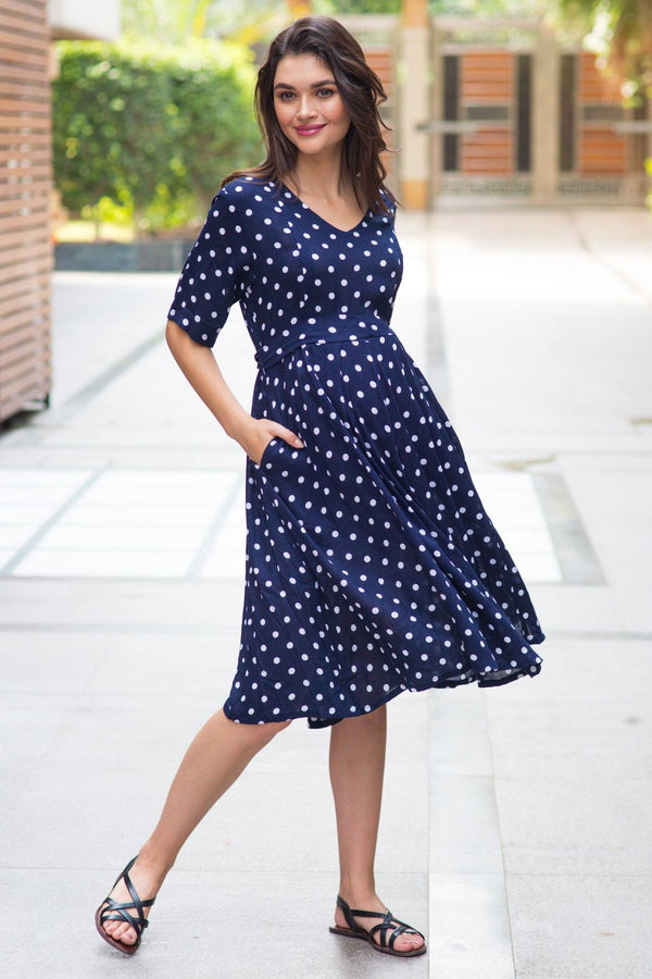 Yale Blue Polka Maternity & Nursing Dress MOMZJOY.COM