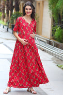 Cotton Raspberry Red Maternity & Nursing Wrap Dress momzjoy.com