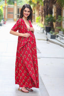 Cotton Raspberry Red Maternity & Nursing Wrap Dress momzjoy.com