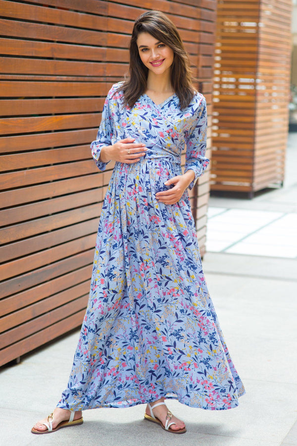 Lilac Floral Maternity & Nursing Wrap Dress - MOMZJOY.COM