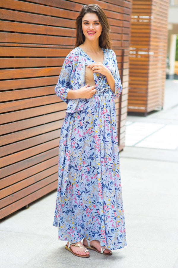 Lilac Floral Maternity & Nursing Wrap Dress - MOMZJOY.COM