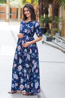 Navy Floral Maternity & Nursing Wrap Dress momzjoy.com