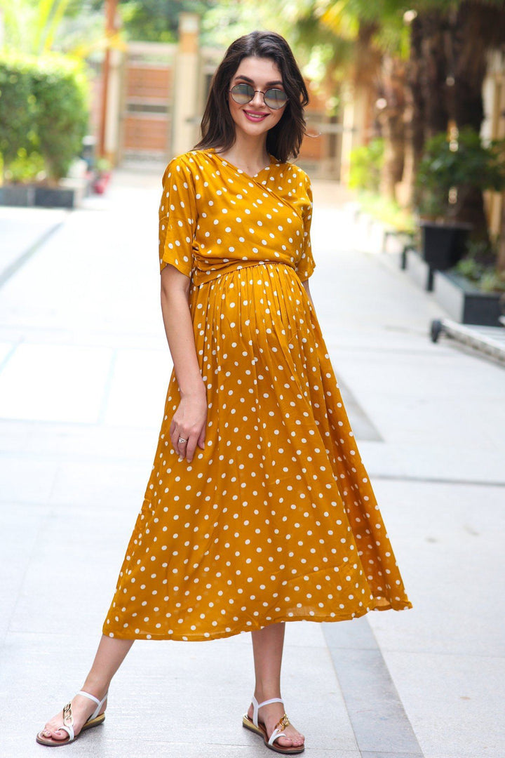 Tuscany Crepe Polka Maternity & Nursing Wrap Midi Dress momzjoy.com