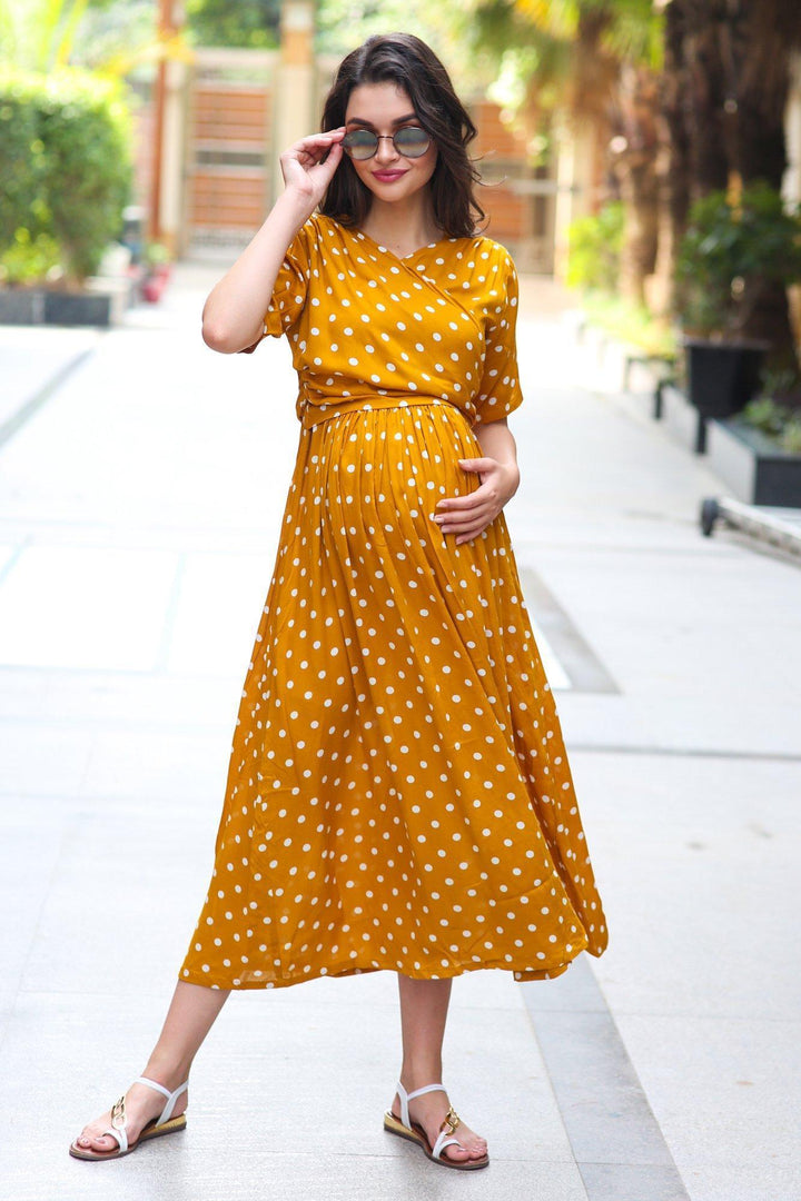 Tuscany Crepe Polka Maternity & Nursing Wrap Midi Dress momzjoy.com