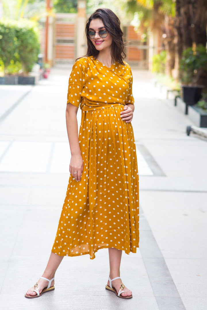 Tuscany Crepe Polka Maternity & Nursing Wrap Midi Dress momzjoy.com