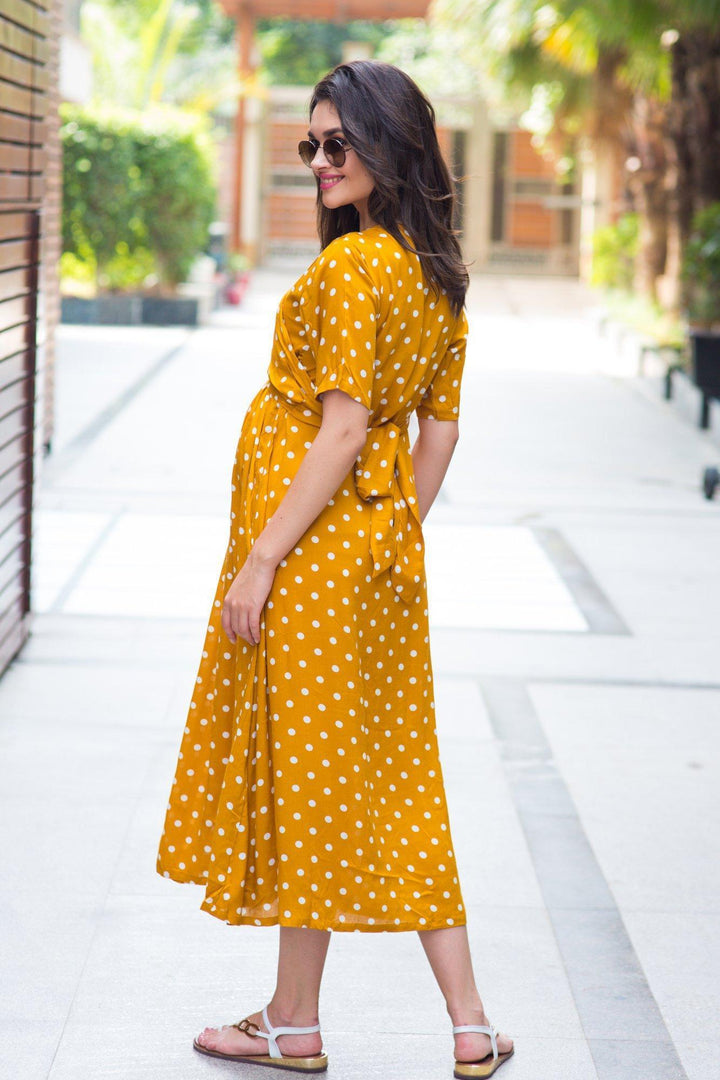 Tuscany Crepe Polka Maternity & Nursing Wrap Midi Dress momzjoy.com