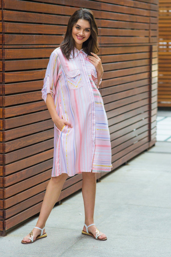 Peach Striped Maternity & Nursing Shirt Dress momzjoy.com