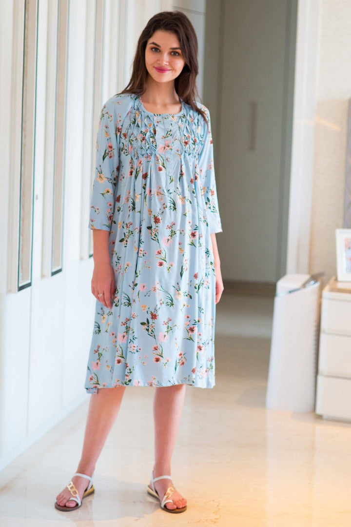 Sober Mint Viscose Maternity & Nursing Night Dress - MOMZJOY.COM