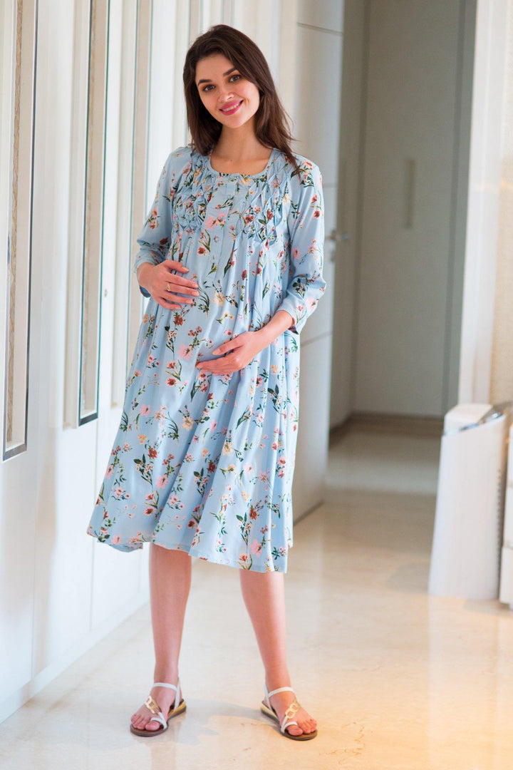 Sober Mint Viscose Maternity & Nursing Night Dress - MOMZJOY.COM