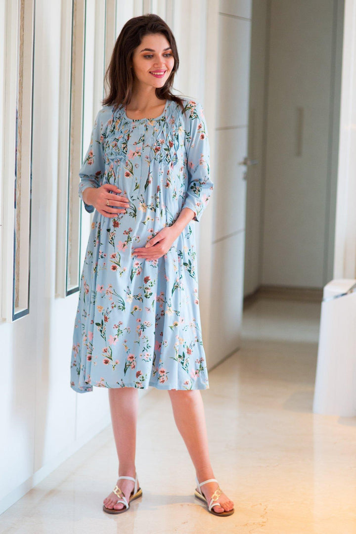 Sober Mint Viscose Maternity & Nursing Night Dress - MOMZJOY.COM