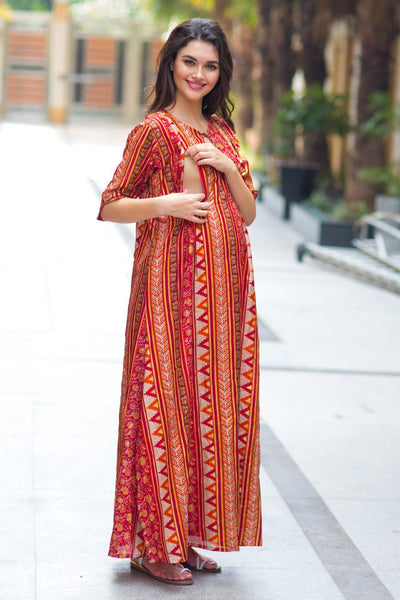 Classical Orange Side Slit Maternity & Feeding Dress MOMZJOY.COM