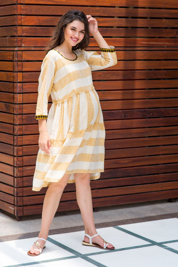 Cotton Tan Yellow Stripe Maternity & Nursing Dress MOMZJOY.COM