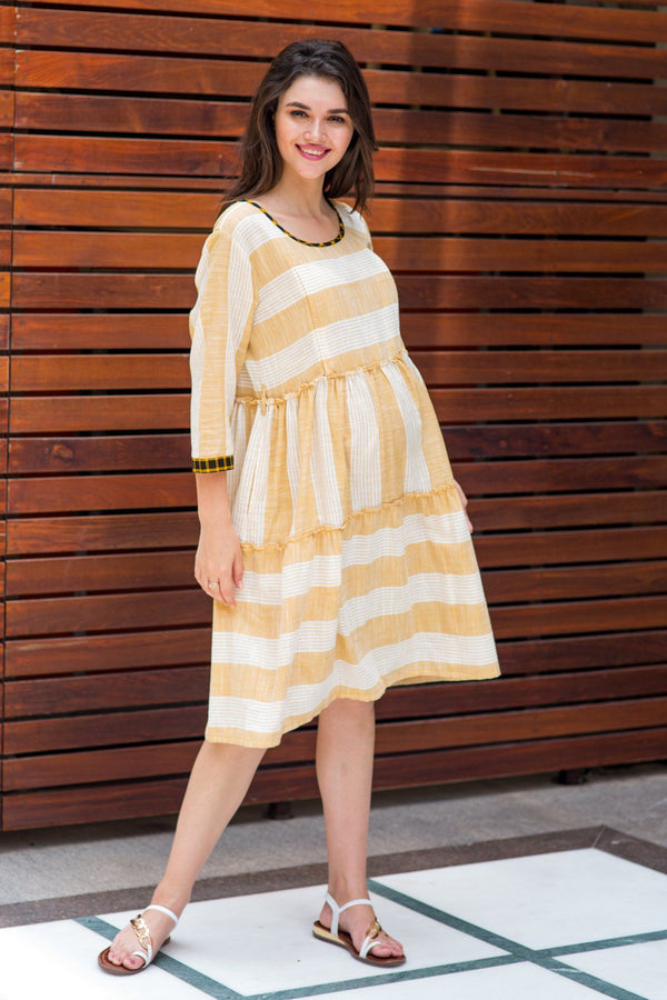 Cotton Tan Yellow Stripe Maternity & Nursing Dress MOMZJOY.COM