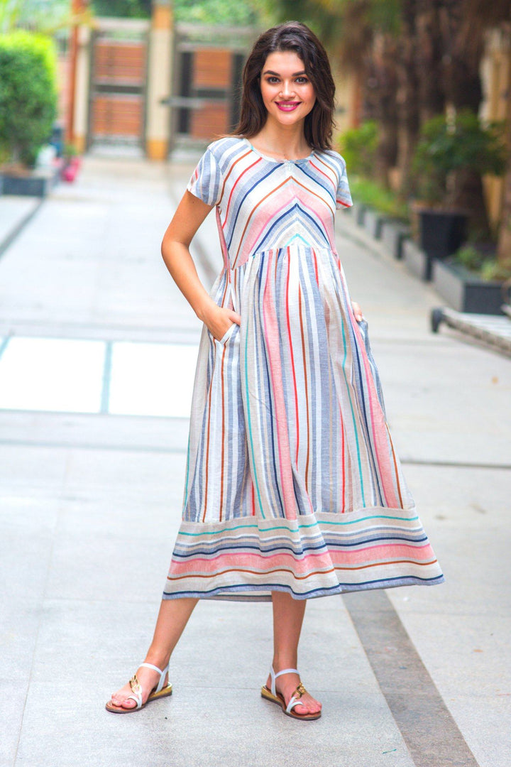 Abstract Striped Linen Maternity & Nursing Dress - MOMZJOY.COM