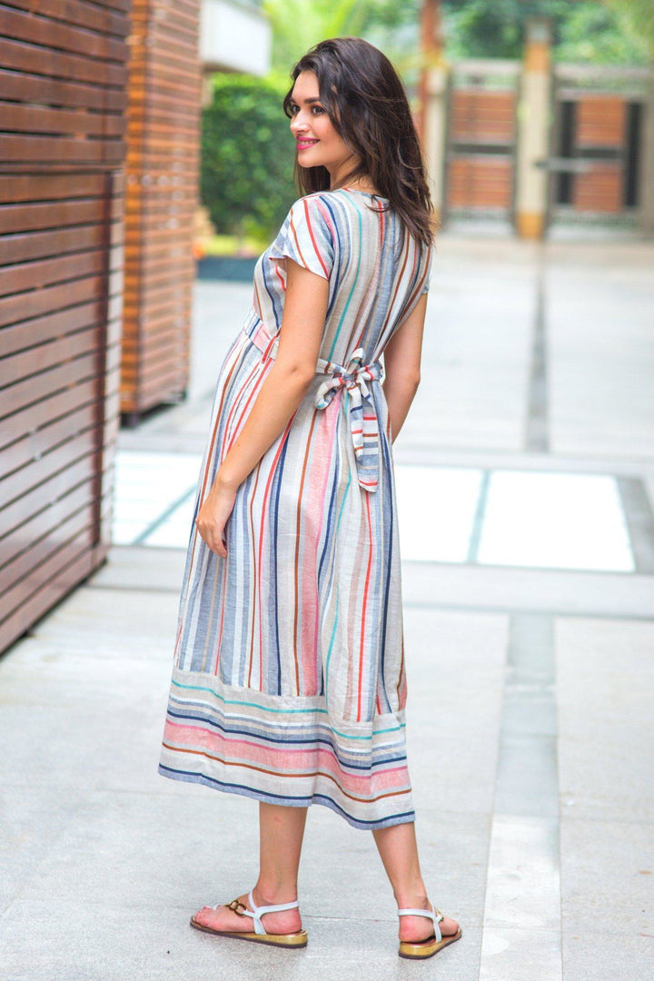 Abstract Striped Linen Maternity & Nursing Dress - MOMZJOY.COM