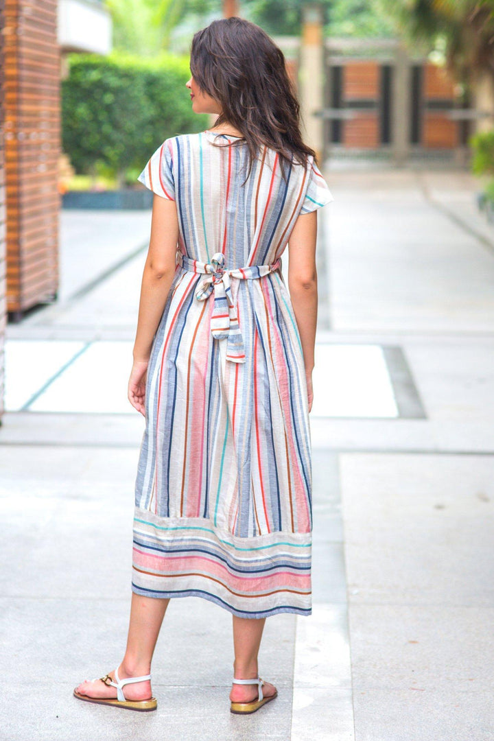 Abstract Striped Linen Maternity & Nursing Dress - MOMZJOY.COM