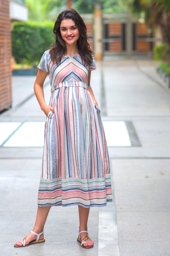 Abstract Striped Linen Maternity & Nursing Dress - MOMZJOY.COM