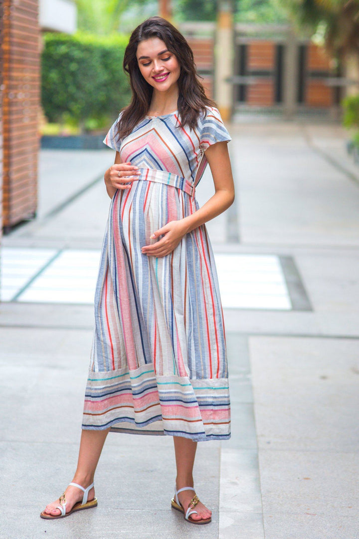 Abstract Striped Linen Maternity & Nursing Dress - MOMZJOY.COM