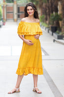 Sunrise Mustard Polka Off-Shoulder Maternity Maxi MOMZJOY.COM