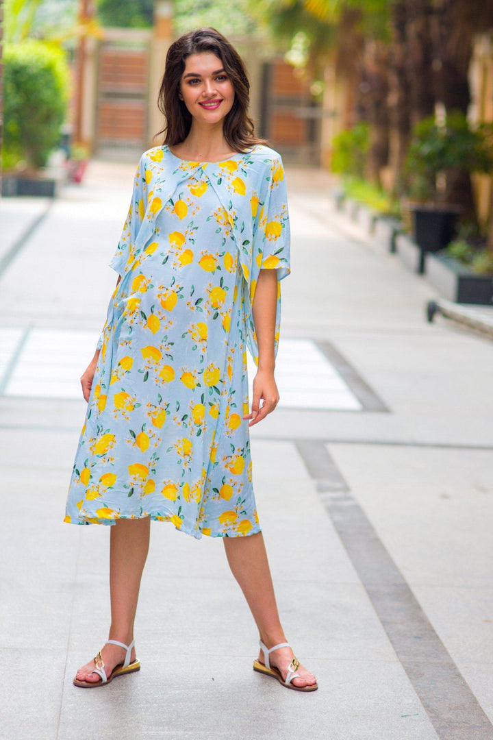 Lemon Mint Blue Maternity & Nursing Dress - MOMZJOY.COM