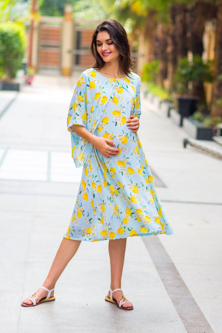 Lemon Mint Blue Maternity & Nursing Dress - MOMZJOY.COM