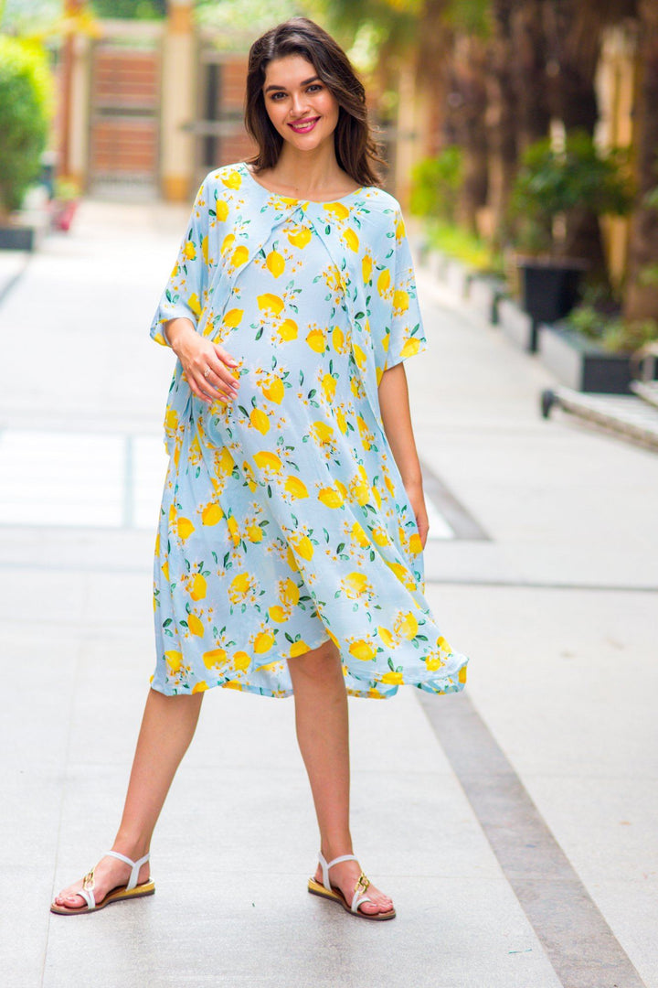 Lemon Mint Blue Maternity & Nursing Dress - MOMZJOY.COM