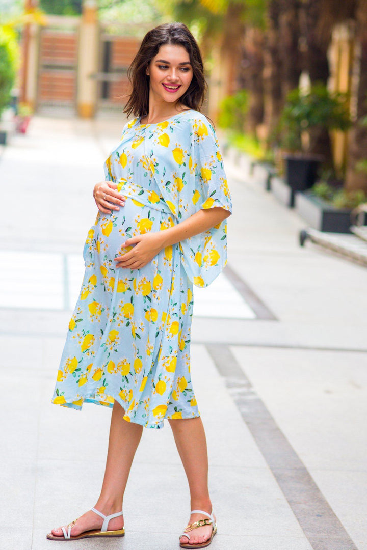 Lemon Mint Blue Maternity & Nursing Dress - MOMZJOY.COM