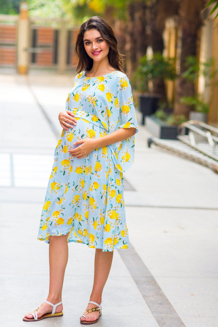 Lemon Mint Blue Maternity & Nursing Dress - MOMZJOY.COM