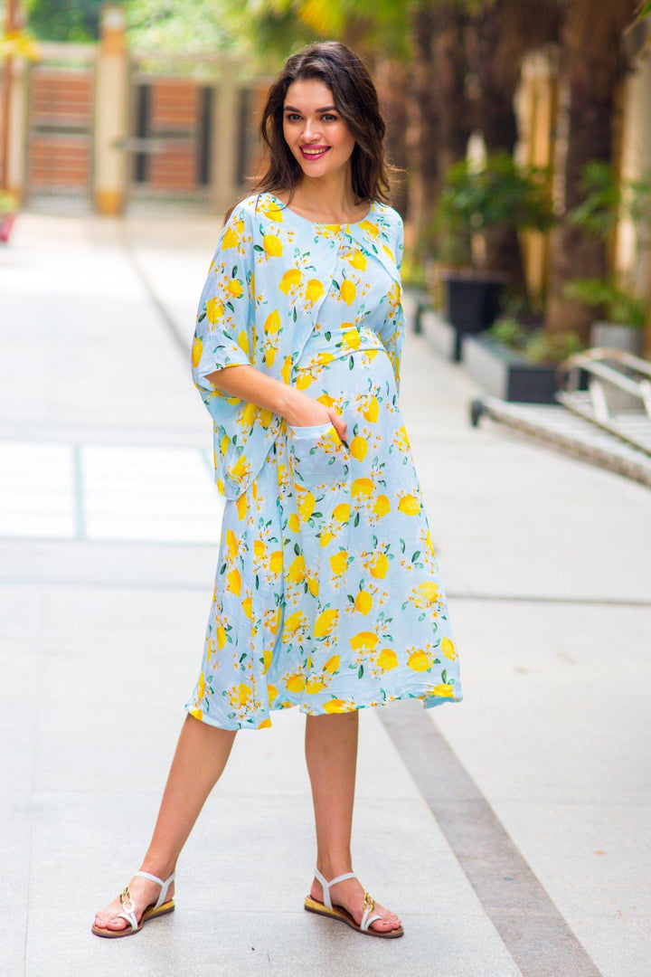 Lemon Mint Blue Maternity & Nursing Dress - MOMZJOY.COM