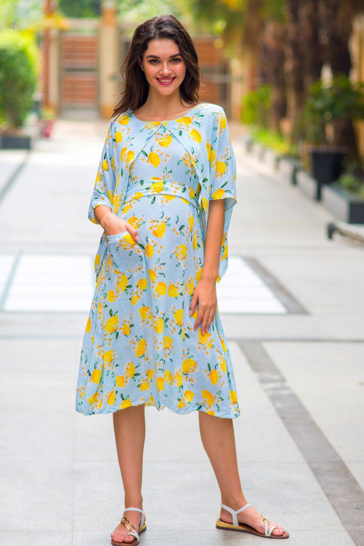 Lemon Mint Blue Maternity & Nursing Dress - MOMZJOY.COM