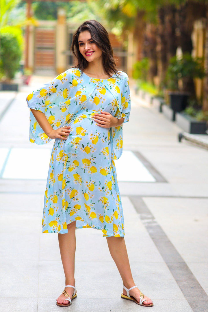 Lemon Mint Blue Maternity & Nursing Dress - MOMZJOY.COM