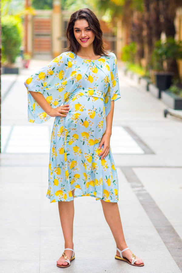 Lemon Mint Blue Maternity & Nursing Dress - MOMZJOY.COM