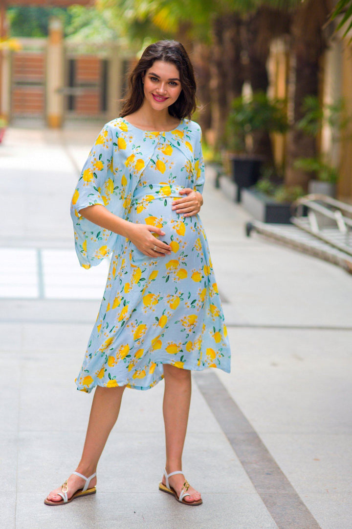 Lemon Mint Blue Maternity & Nursing Dress - MOMZJOY.COM