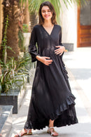 Black Lycra Maternity & Nursing Frill Wrap Dress momzjoy.com