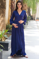 Royal Blue Lycra Maternity & Nursing Frill Wrap Dress momzjoy.com