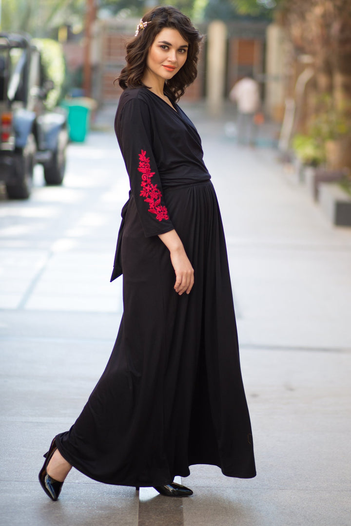 Elegant Black Red Crochet Maternity & Nursing Wrap Dress momzjoy.com