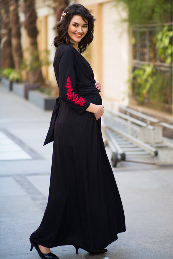 Elegant Black Red Crochet Maternity & Nursing Wrap Dress momzjoy.com