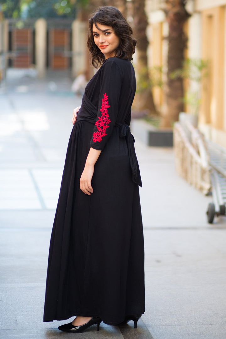 Elegant Black Red Crochet Maternity & Nursing Wrap Dress momzjoy.com