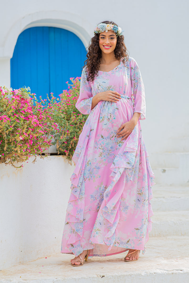 Floral Baby Pink Chiffon Maternity & Nursing Flow Dress momzjoy.com