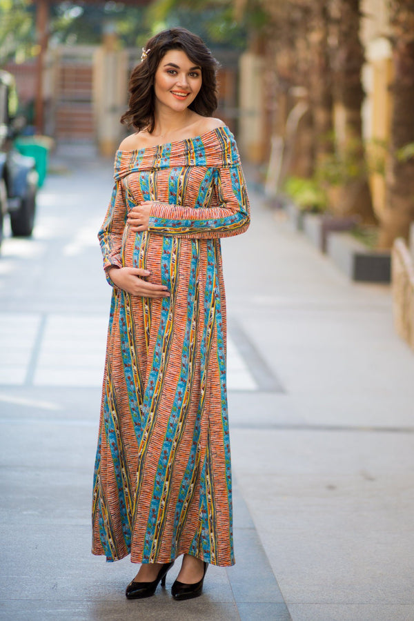 Printed Cowl Neck Off-shoulder Lycra Maternity Maxi Dress momzjoy.com