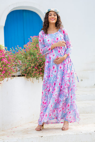 Cheery Sky Blue Flower Bomb Maternity & Nursing Flow Dress momzjoy.com