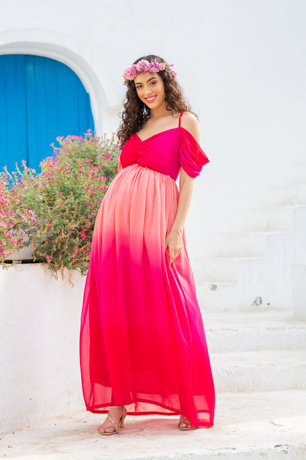 Luxe Graceful Flamingo Off-Shoulder Maternity Photoshoot Gown momzjoy.com