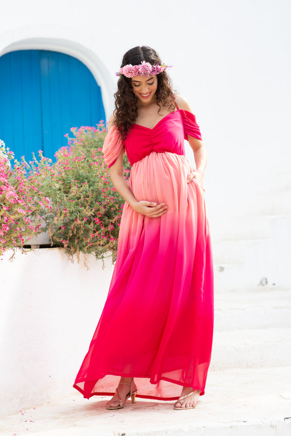 Luxe Graceful Flamingo Off-Shoulder Maternity Photoshoot Gown momzjoy.com