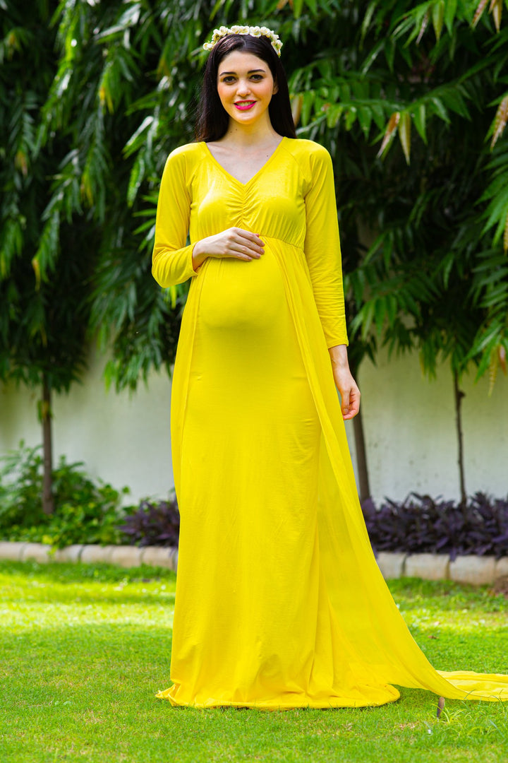 Sunny Yellow Trail Maternity Photoshoot Gown MOMZJOY.COM