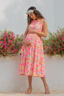Breezy Satin Rose Pink Maternity & Nursing Concealed Zips Frill Dress momzjoy.com