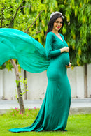 Emerald Green Trail Maternity Photoshoot Gown MOMZJOY.COM