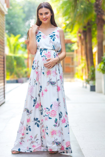 Calming White Maternity & Nursing Dress MOMZJOY.COM